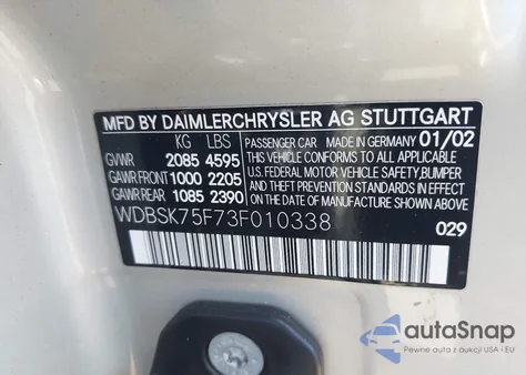 2003 Mercedes-Benz Sl 500 z USA, uszkodzony, nr VIN WDBSK75F73F010338